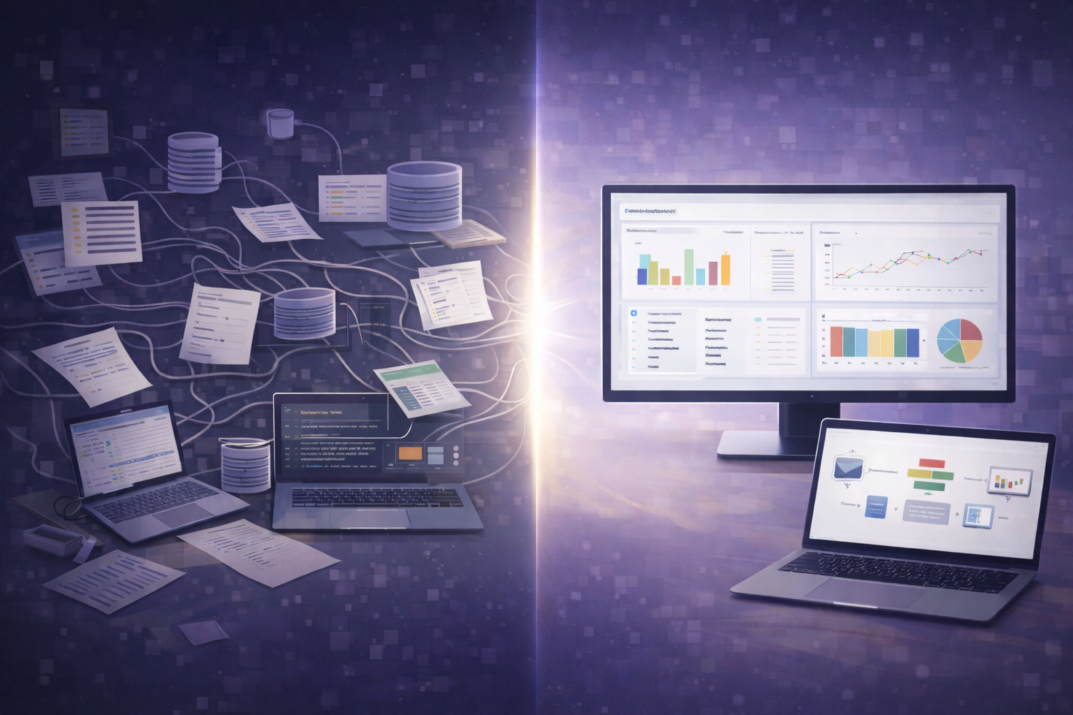 Illustration showing the transition from disconnected spreadsheets and data sources to clear, reliable dashboards and reporting.